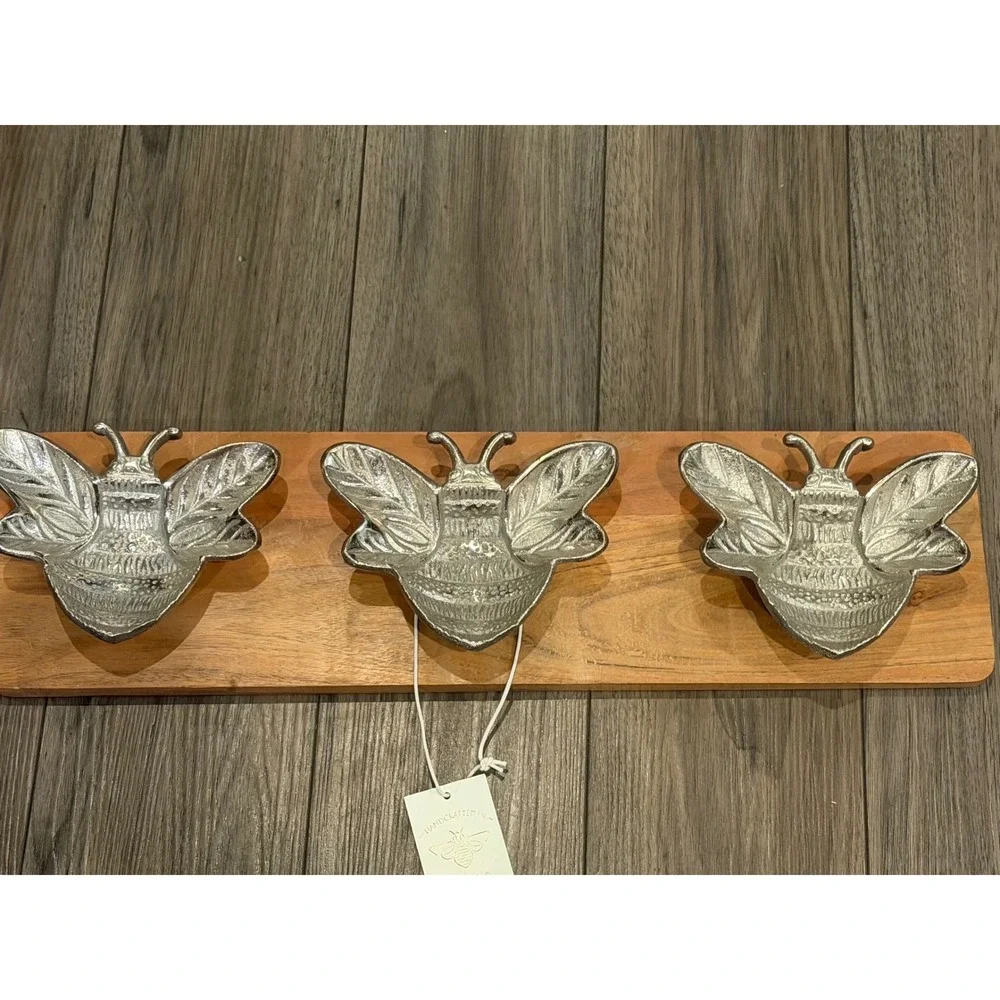 Handcrafted Wood & Metal Bumblebee 3-Section Decorative Tray Platter NWT 21